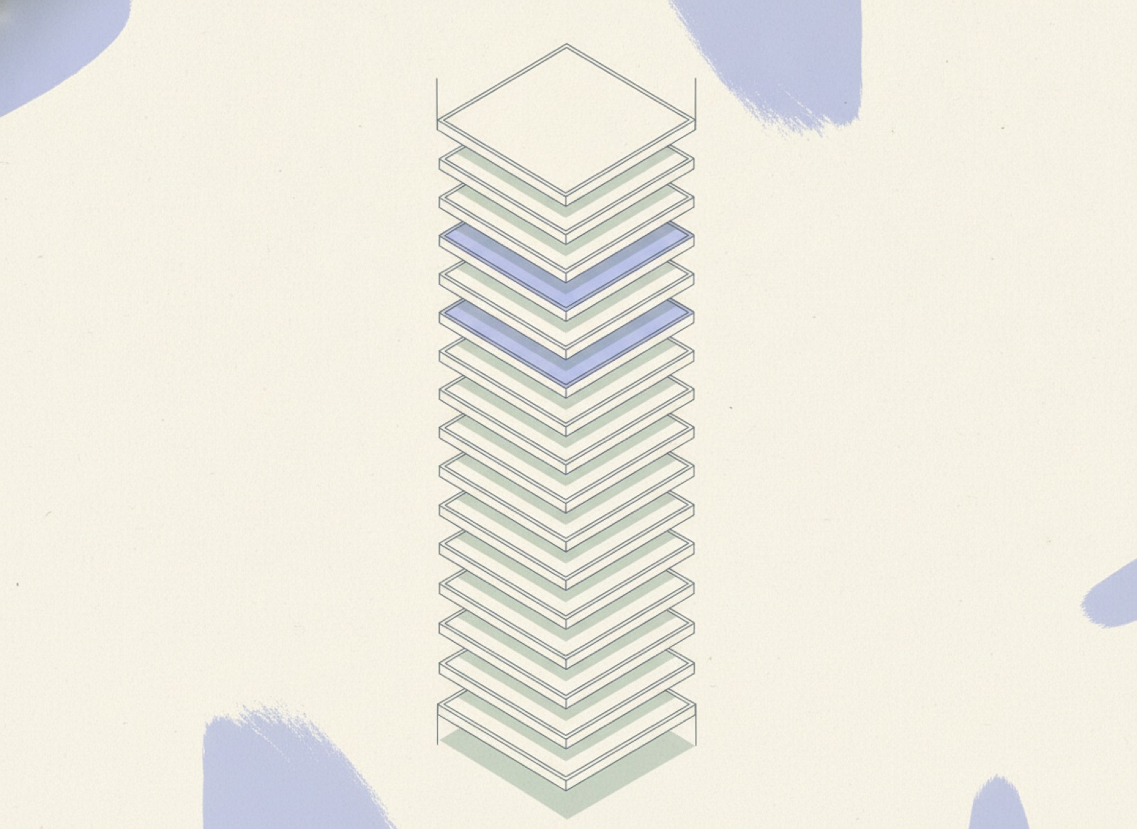 Several levels of the same building extracted side by side, the identical core picked out on each and the partition layer differing from floor to floor.