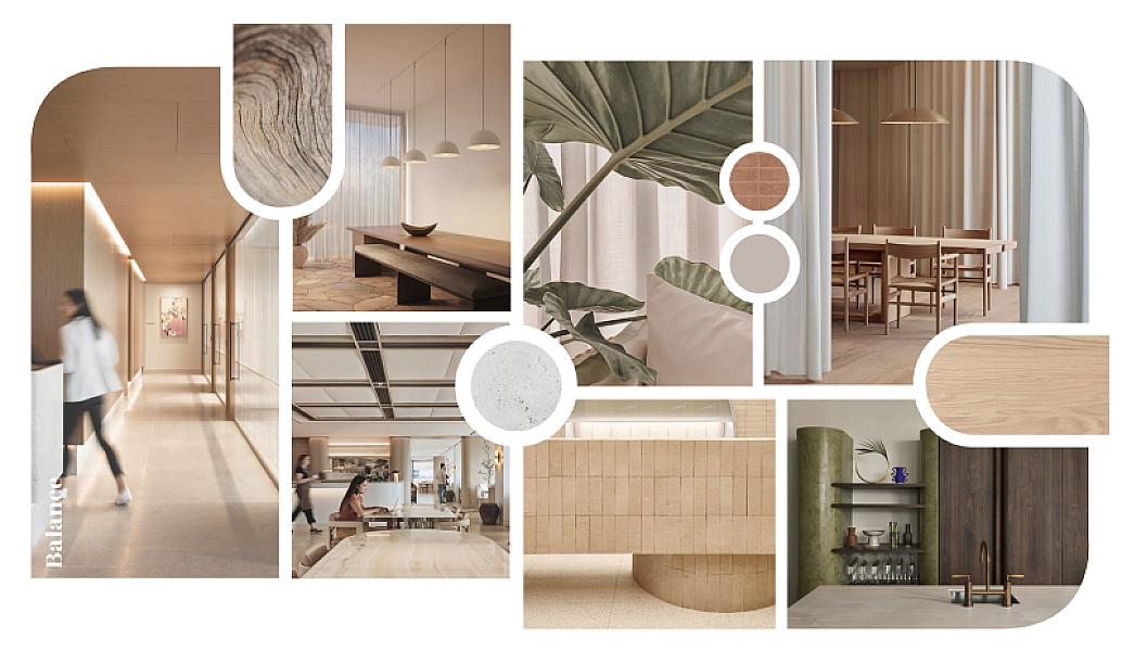 The Balance board: warm timber, clay and terracotta tones, linen curtains, planting and a deep green joinery run.