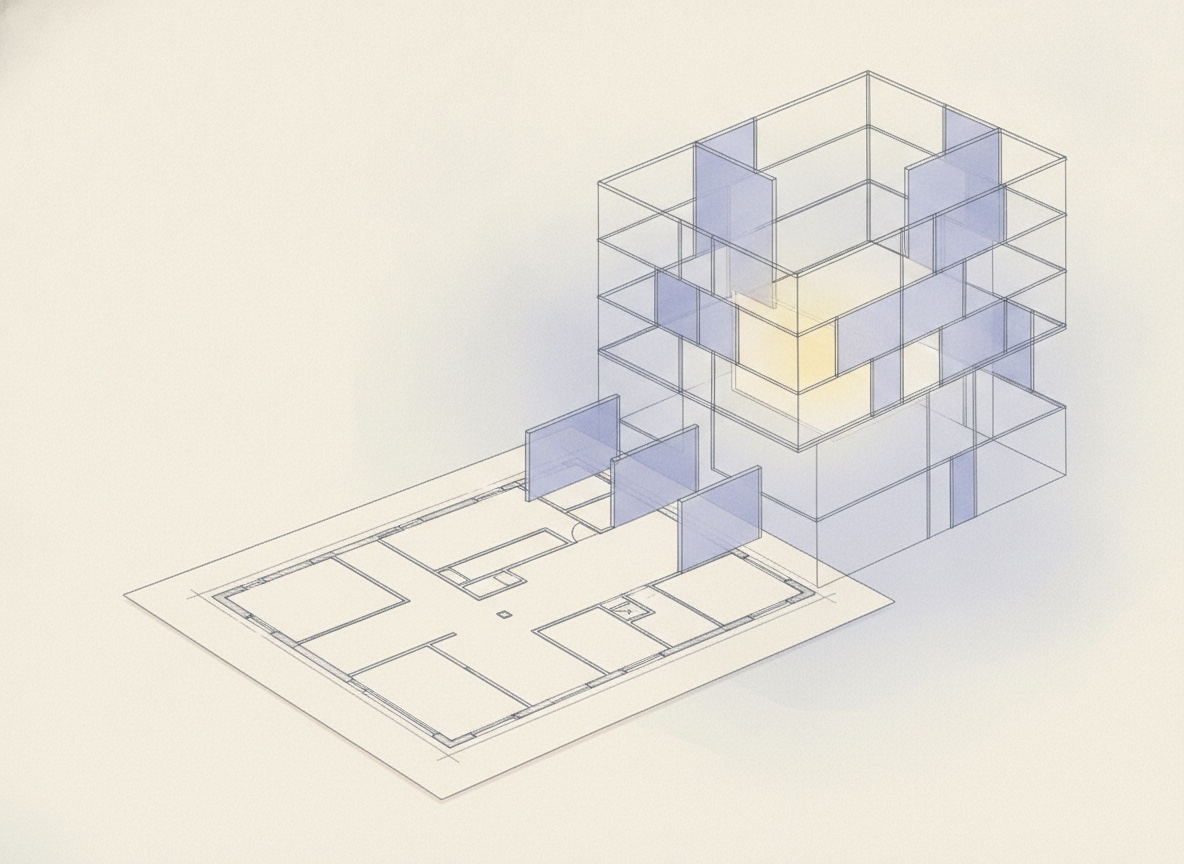 A drawn floorplan lying flat, with the wireframe volume extracted from it rising above, one bay lit warm.