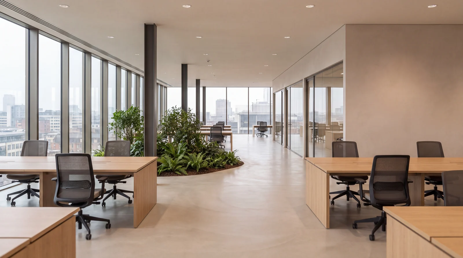 A photorealistic render looking across the open-plan floor of level 07.