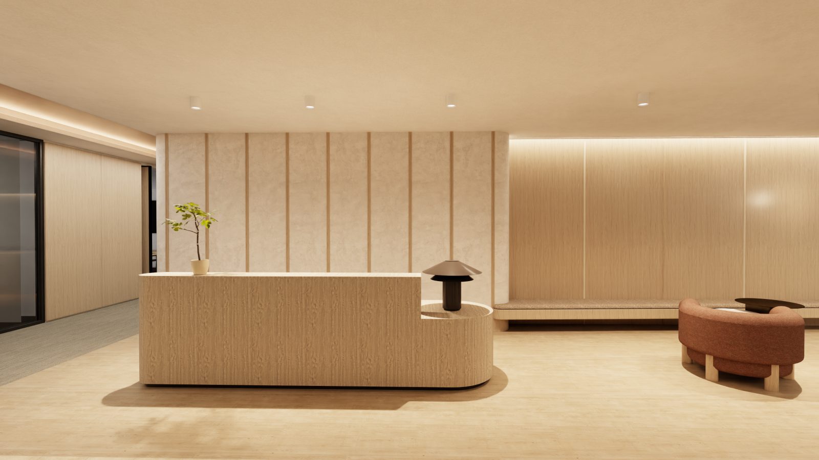 A furnished 3D interior: reception, seating and full-height glazing, produced from an uploaded floorplan.