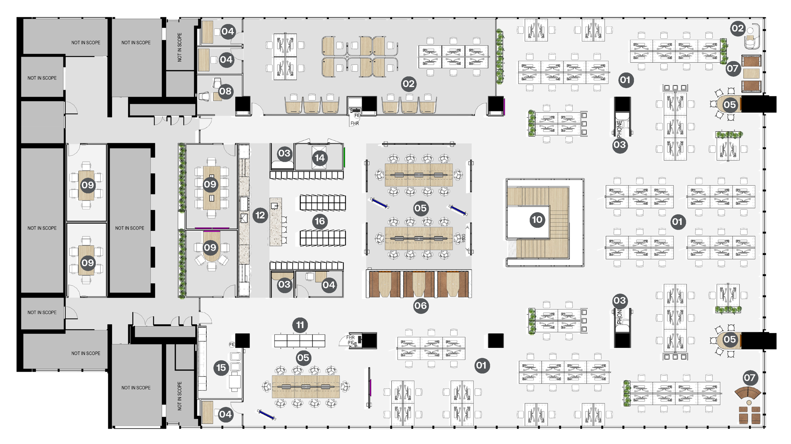 Floor plan of Level 18, 100 OLSYN Street — The full floor plate — open workstations, meeting and quiet rooms, breakout and the shared kitchen, numbered against base building services.