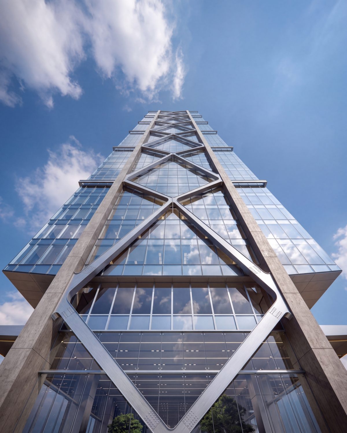 Looking up the facade of 100 OLSYN Street