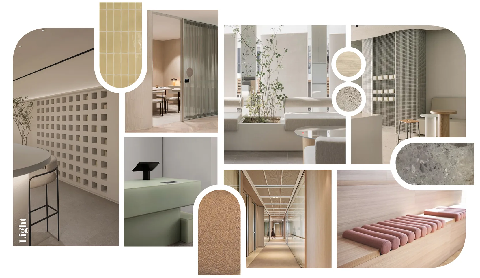The Light board: off-white plaster, a lattice screen, soft green joinery, pale timber and sandy textured finishes.
