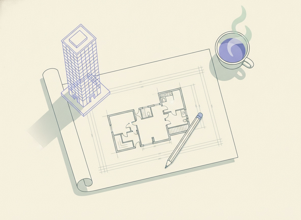 A drafting desk seen from above with an unrolled floor plan, a small wireframe tower model, a pencil and a cup of coffee.