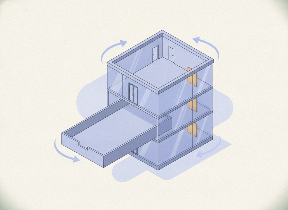 A glass building volume with one floor plate pulled out like a drawer, surrounded by orbit arrows.