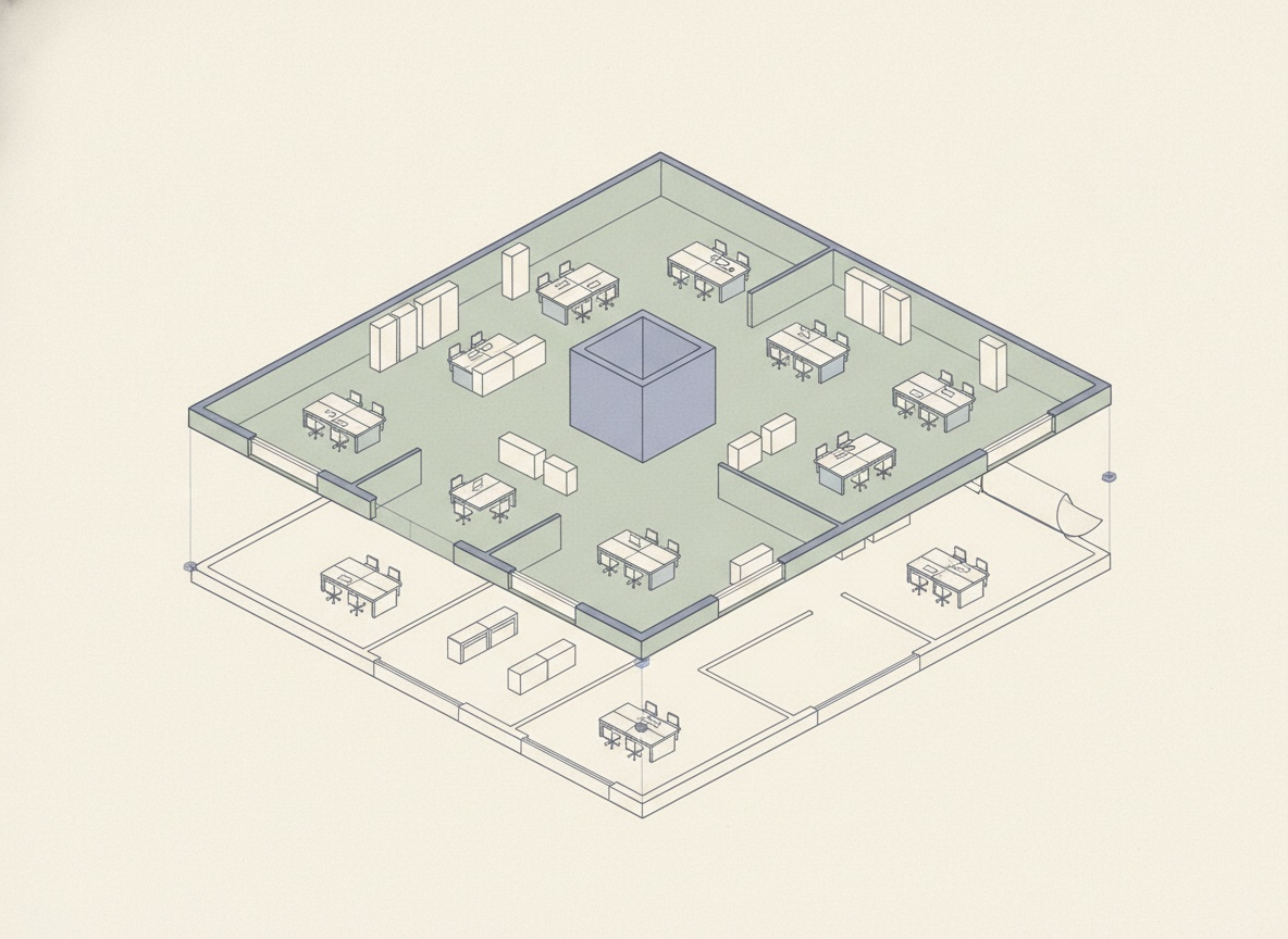 An isometric cutaway of an office floor plate lifted above its floor plan, showing wall thicknesses, a tinted central core and small furniture blocks.
