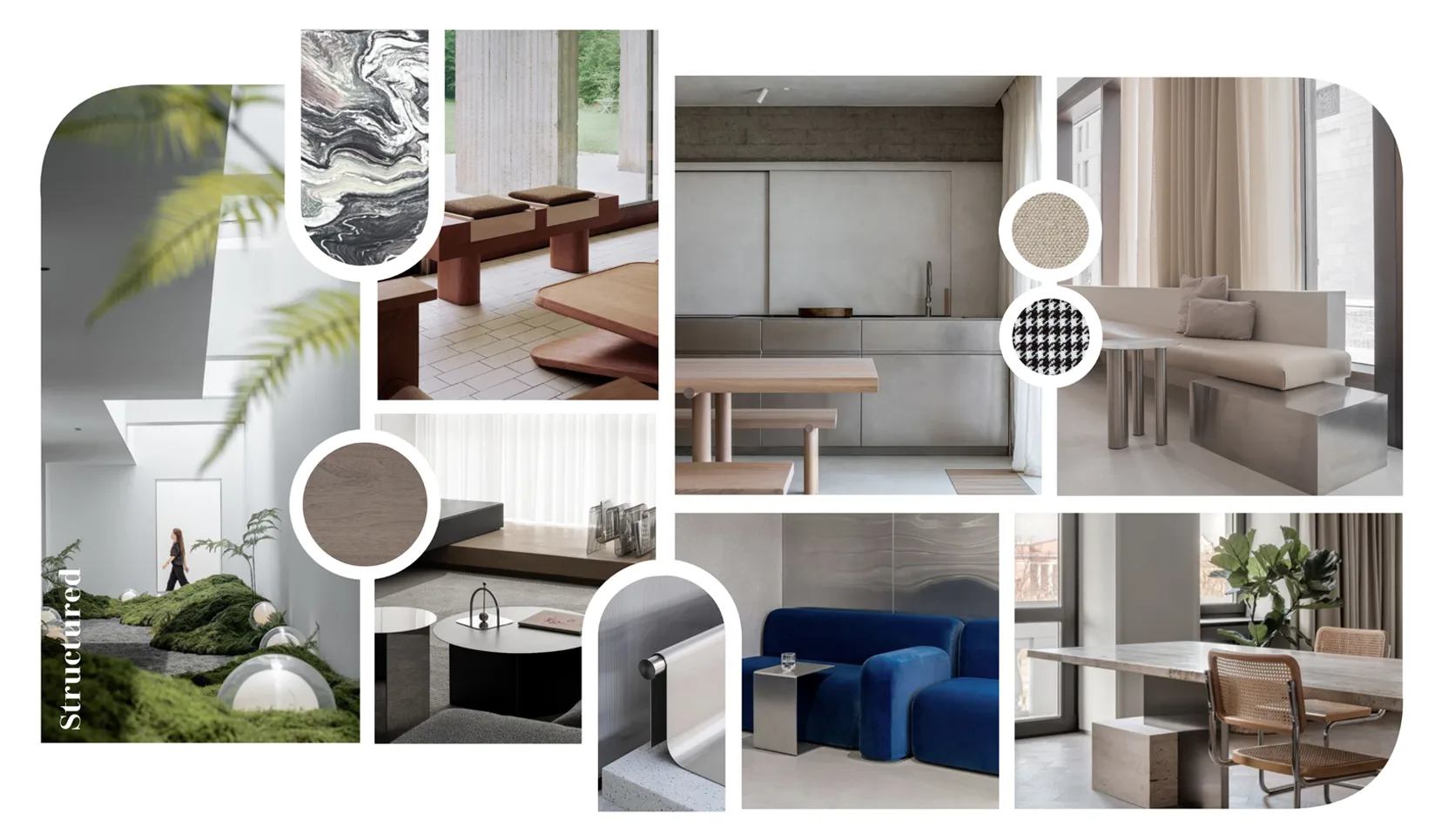The Structured board: concrete and brushed steel, heavily patterned stone, woven and houndstooth swatches, and a strong blue seating block.