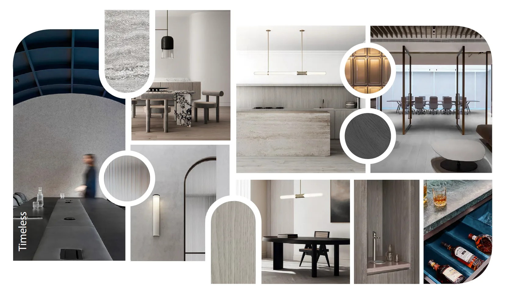 The Timeless board: grey and off-white stone, pale timber, fluted glass and a dark meeting table, with brass and deep blue accents.